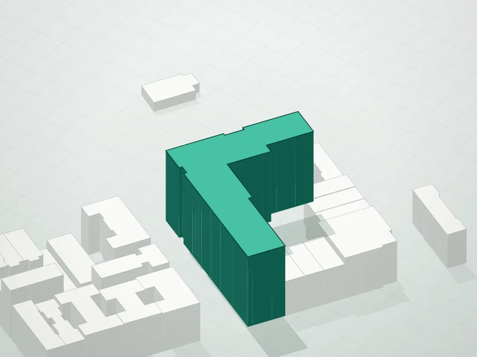 3D massing drawing of Sutton and neighboring buildings