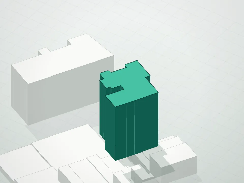3D massing drawing of Residential Unit Of Lane Towers Condominium and neighboring buildings
