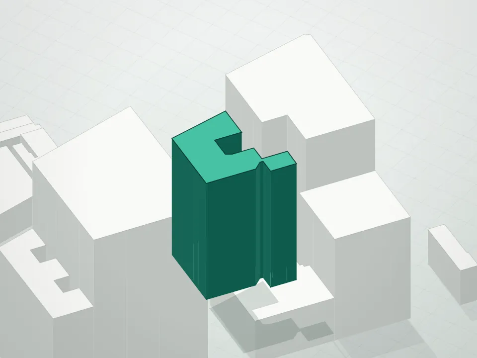 3D massing drawing of Majestic Towers/215 West 75th St. * and neighboring buildings