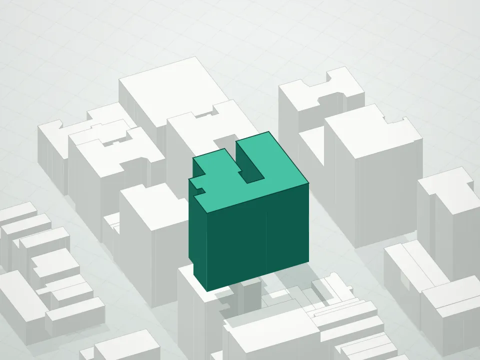3D massing drawing of 130 East 63rd Street and neighboring buildings