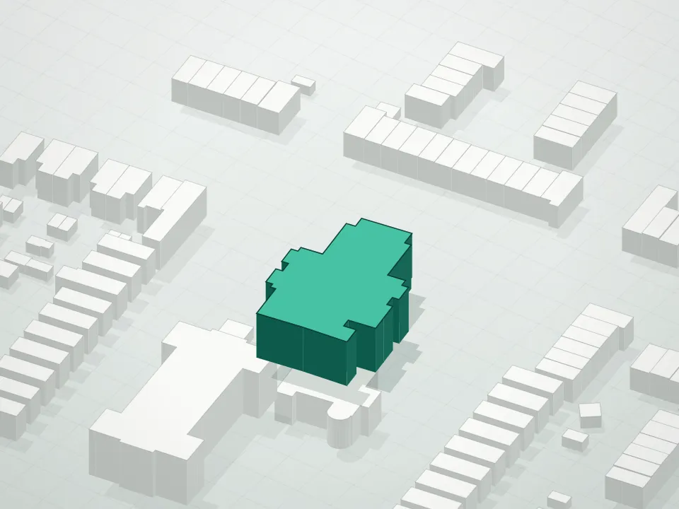 3D massing drawing of Harbor House Condominium and neighboring buildings
