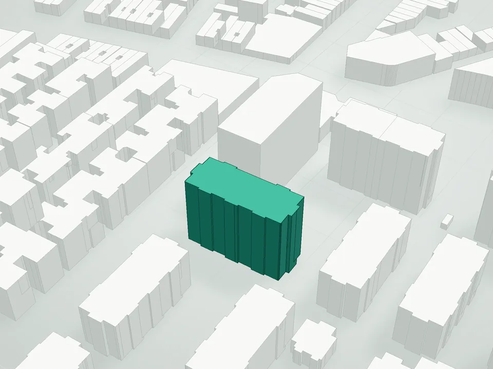 3D massing drawing of Oceana Condo Three, 60 Oceana Drive West, Brooklyn, and neighboring buildings