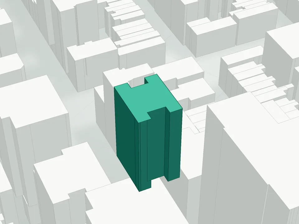 3D massing drawing of Hermitage Condominium, 41 West 72nd Street, Manhattan, and neighboring buildings