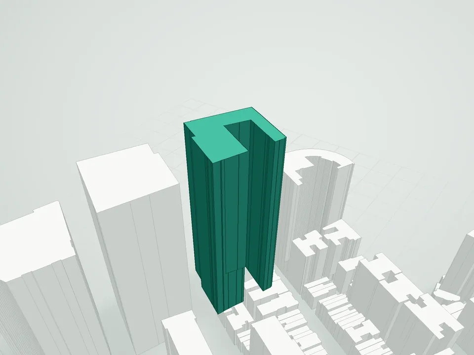 3D massing drawing of 220 Riverside Boulevard At Trump Place, 220 Riverside Boulevard, Manhattan, and neighboring buildings