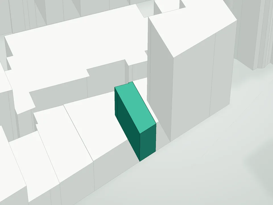 3D massing drawing of Cooper Square Condominium, 52-62 Cooper Square, Manhattan, and neighboring buildings