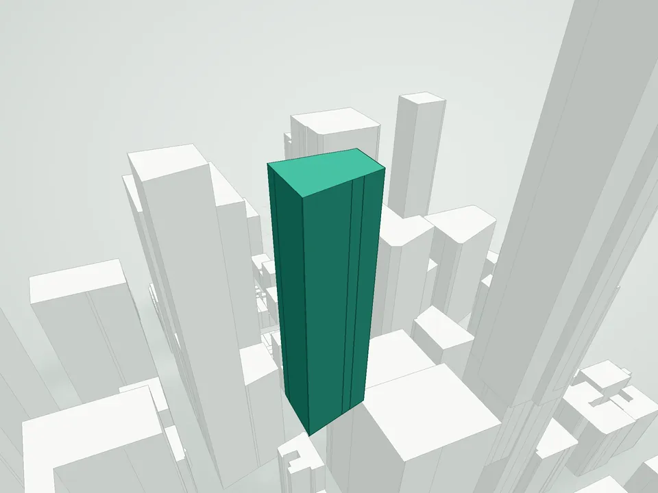 3D massing drawing of Park Imperial, 230 West 56th Street, Manhattan, and neighboring buildings