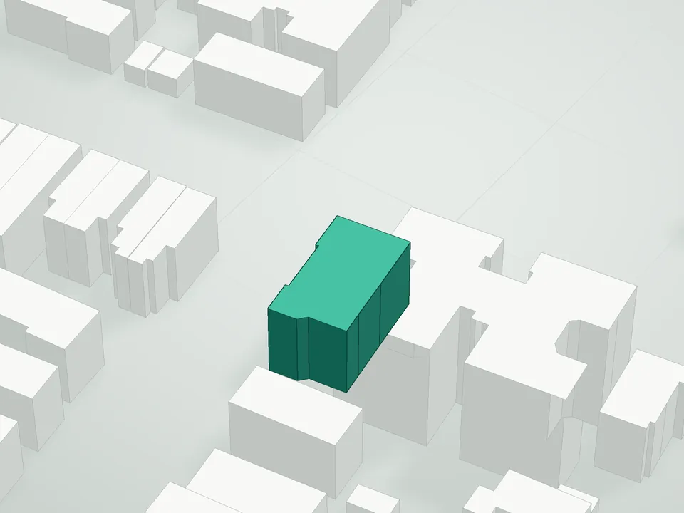 3D massing drawing of Amsterdam Condominium, 1400 Avenue S, Brooklyn, and neighboring buildings