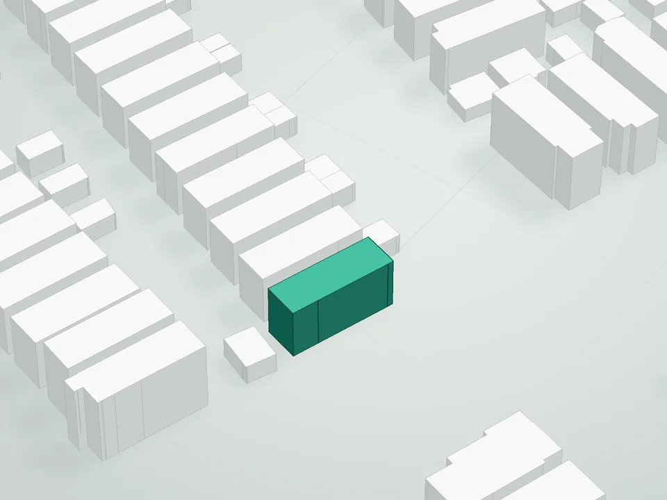 3D massing drawing of Heights Condominium, 7902 15th Avenue, Brooklyn, and neighboring buildings