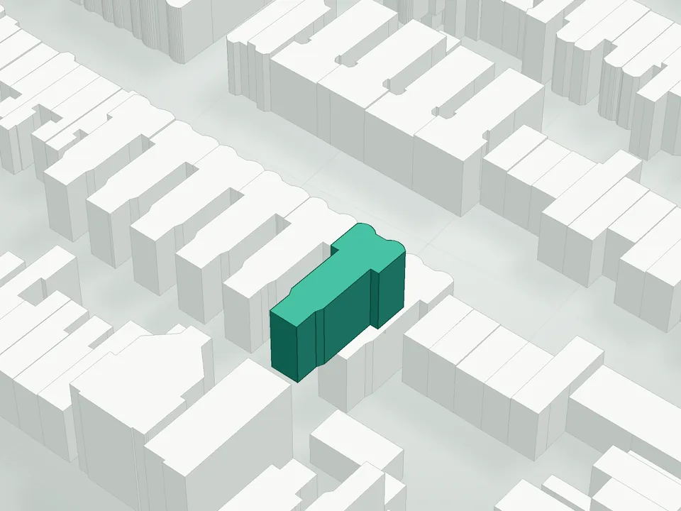 3D massing drawing of Crown-Bergen Condominium, 1062 Bergen Street, Brooklyn, and neighboring buildings