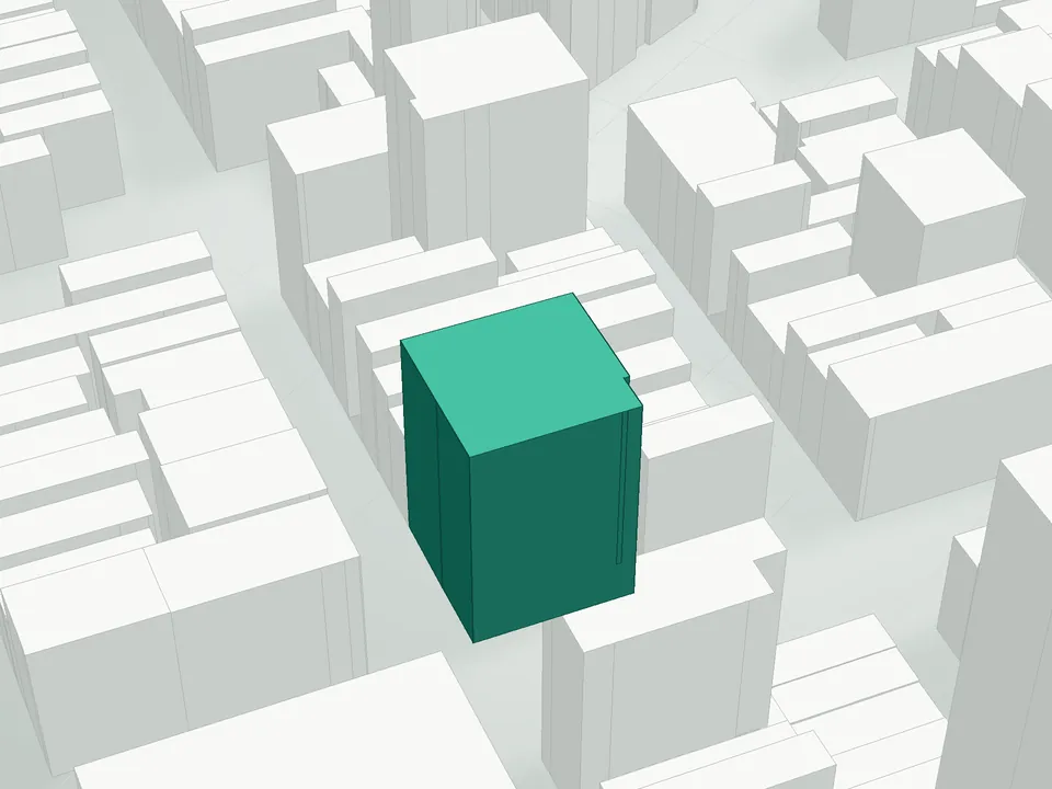 3D massing drawing of Keystone Condominium, 38-44 Warren Street, Manhattan, and neighboring buildings