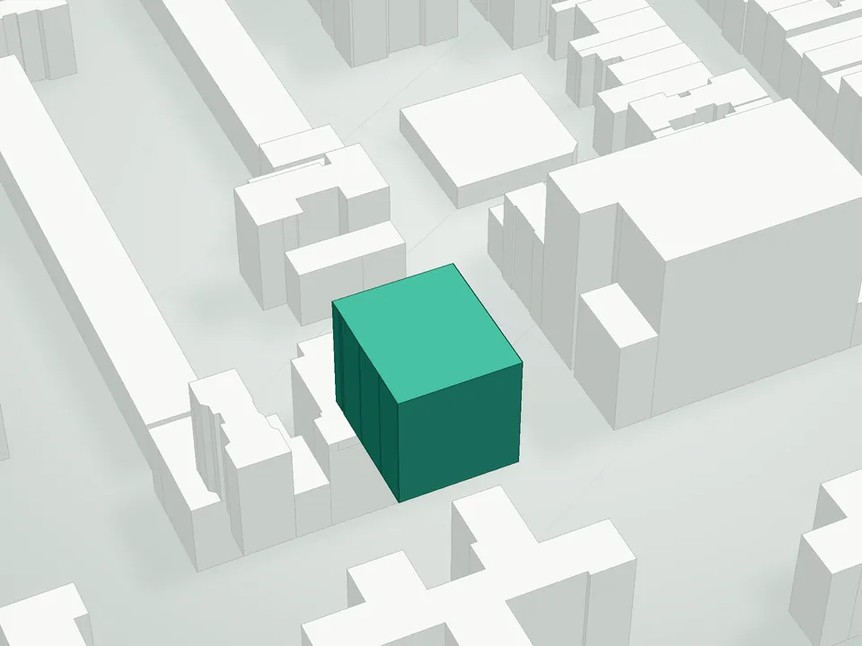 3D massing drawing of Perla'S Pueblo Condominium, 71-75 Avenue D, Manhattan, and neighboring buildings