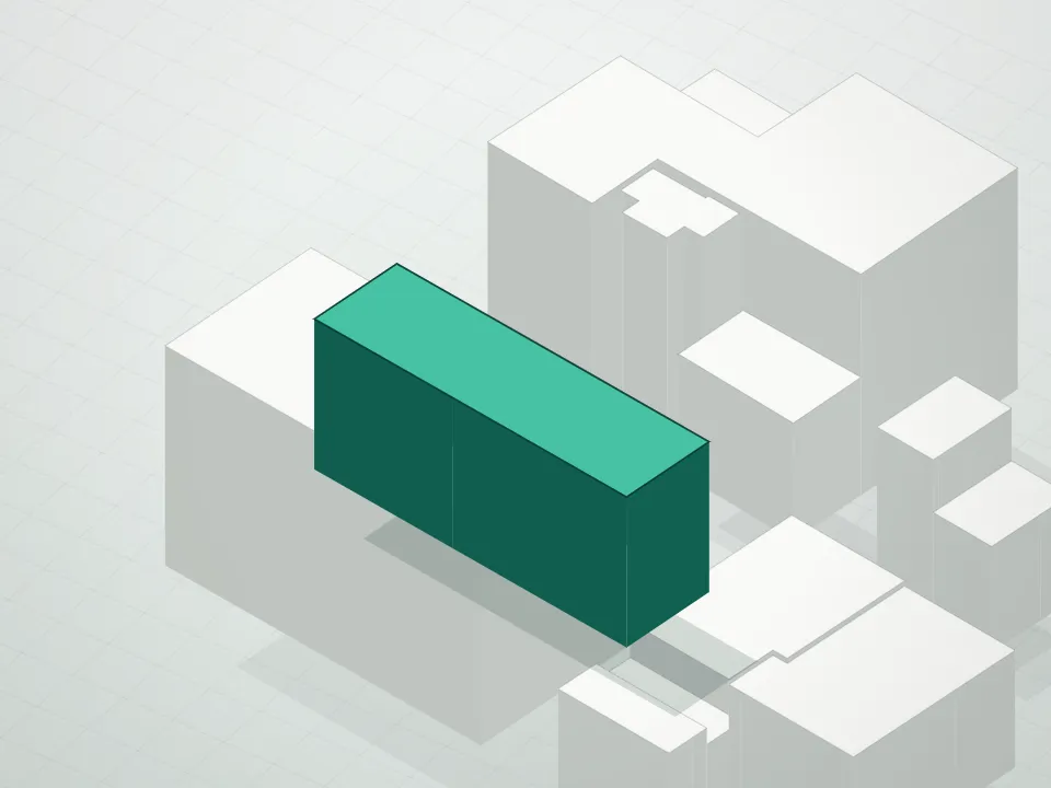 3D massing drawing of Sugar Warehouse and neighboring buildings