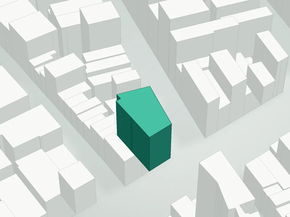 3D massing drawing of Bond Street Lofts Condominium, 57 Bond Street, Manhattan, and neighboring buildings
