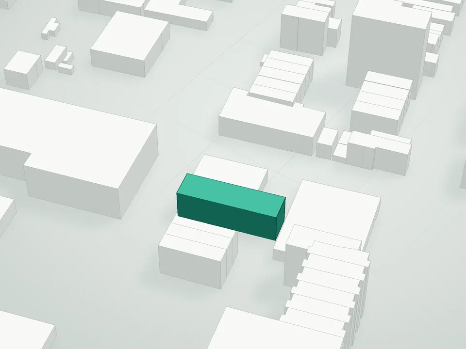 3D massing drawing of Linden Plaza Condominium, 32-05 Linden Place, Queens, and neighboring buildings