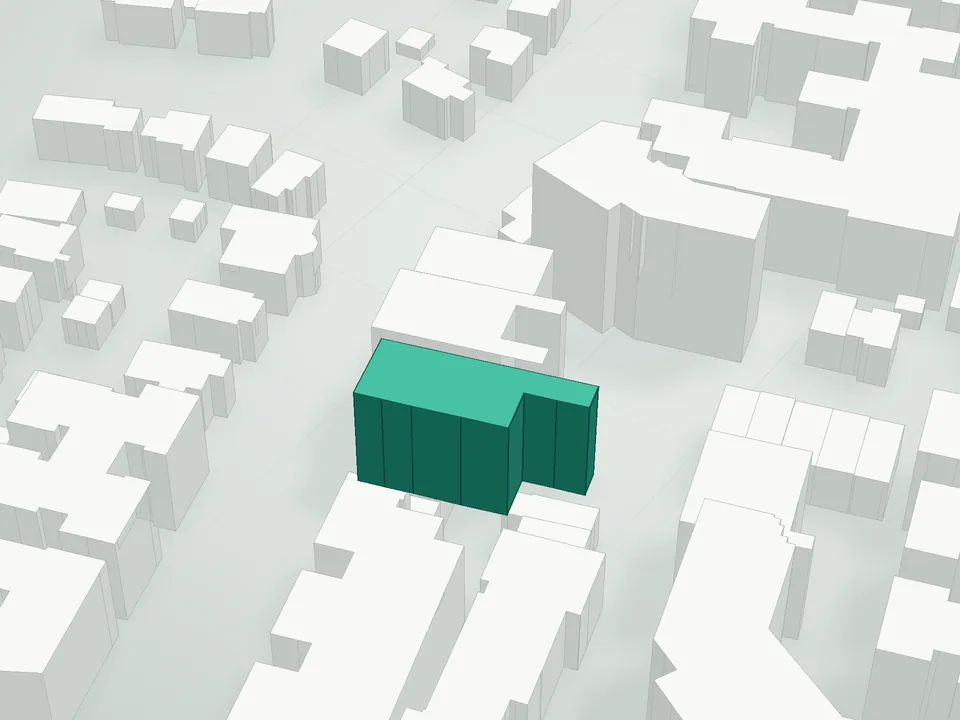 3D massing drawing of Century Condominium, 83-71 116th Street, Queens, and neighboring buildings