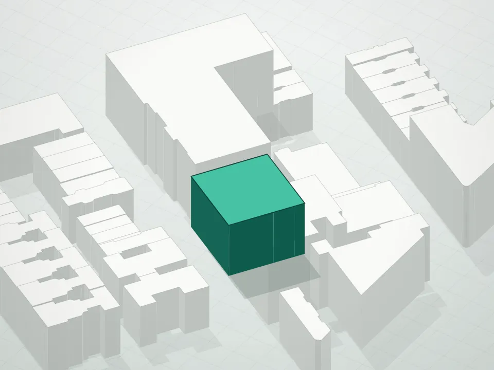 3D massing drawing of 257 West 117th Street Condominium/Fitzgerald and neighboring buildings