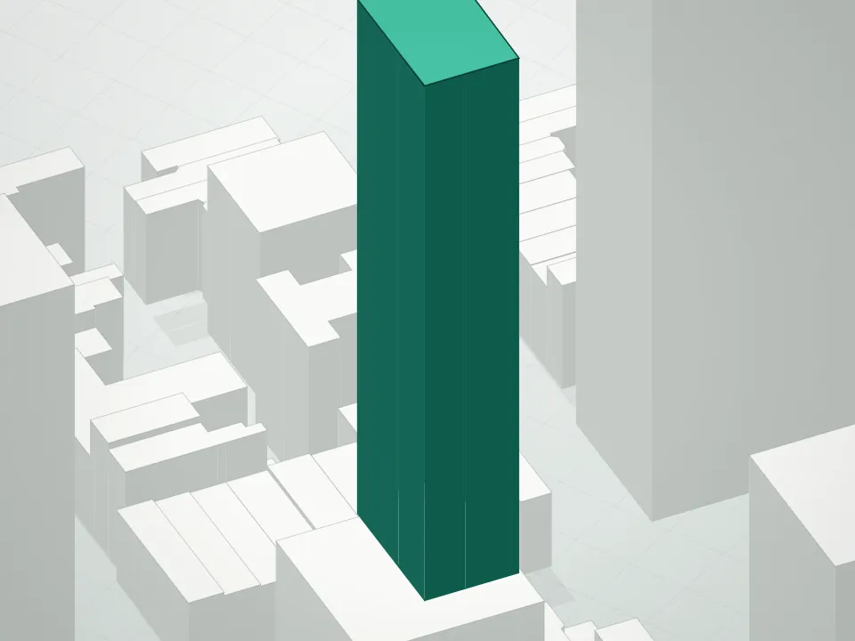 3D massing drawing of Aurora Condominium and neighboring buildings