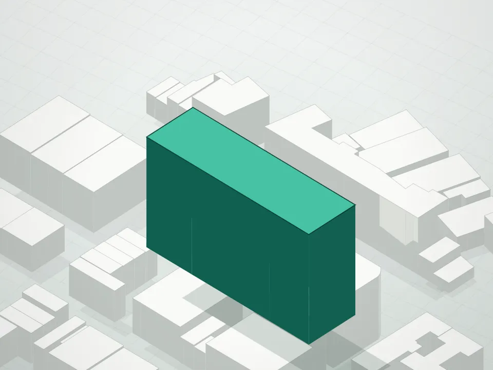 3D massing drawing of Gretsch Building and neighboring buildings