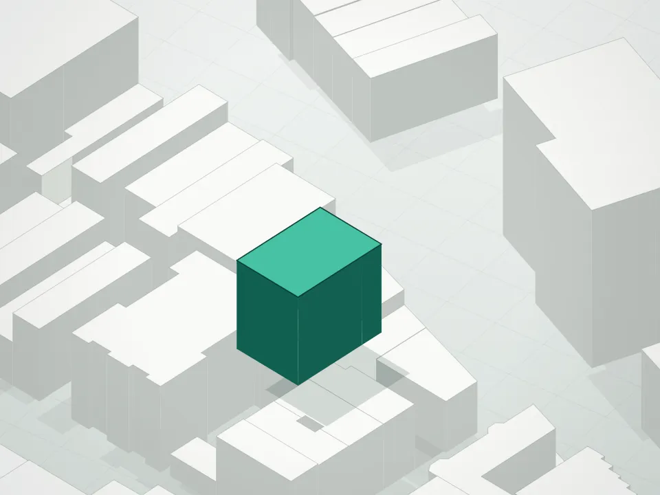 3D massing drawing of Broadway Arms Condominium and neighboring buildings
