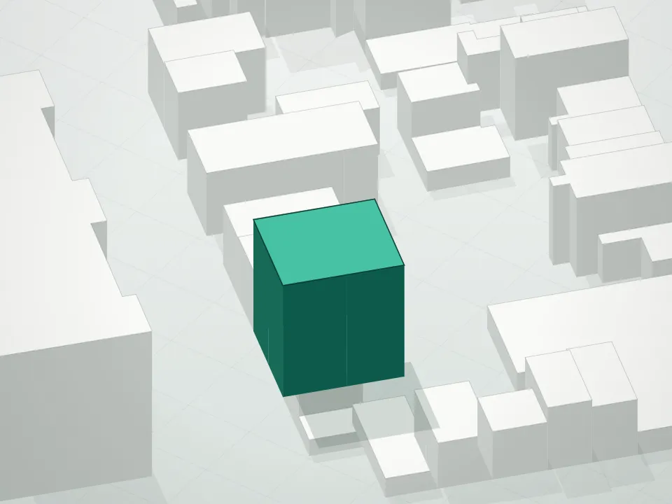 3D massing drawing of Metropolitan Condominium and neighboring buildings