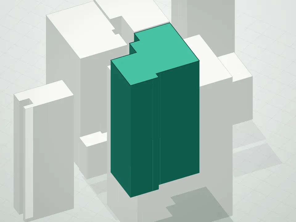 3D massing drawing of 50 Orchard Street Condominium and neighboring buildings
