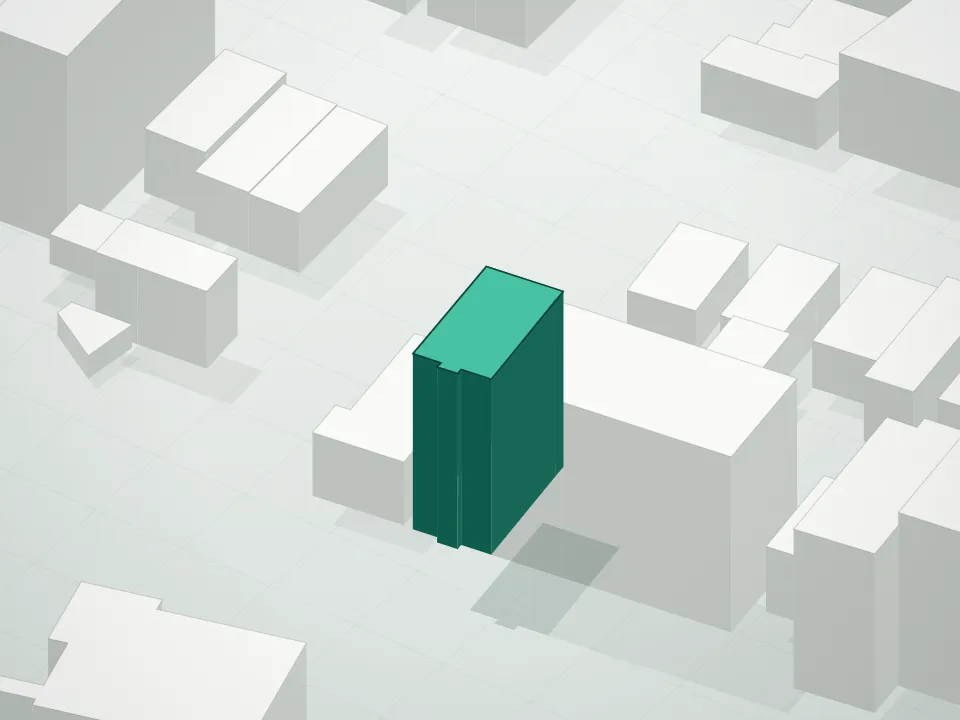 3D massing drawing of Lawn Court Condominium Iii and neighboring buildings