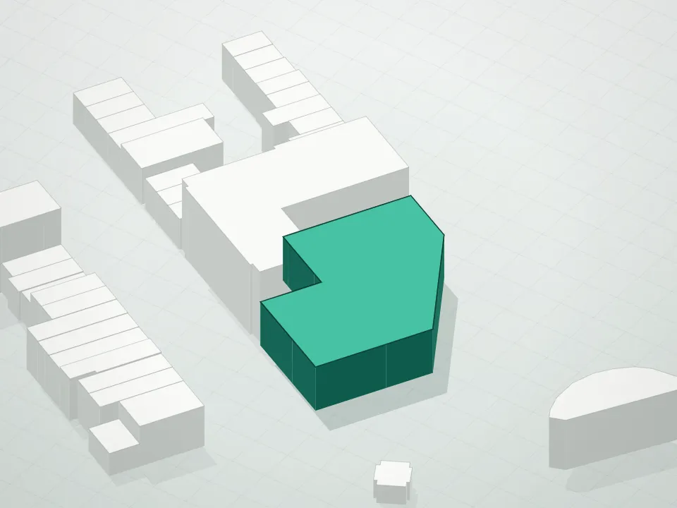 3D massing drawing of Times Plaza Condominium and neighboring buildings