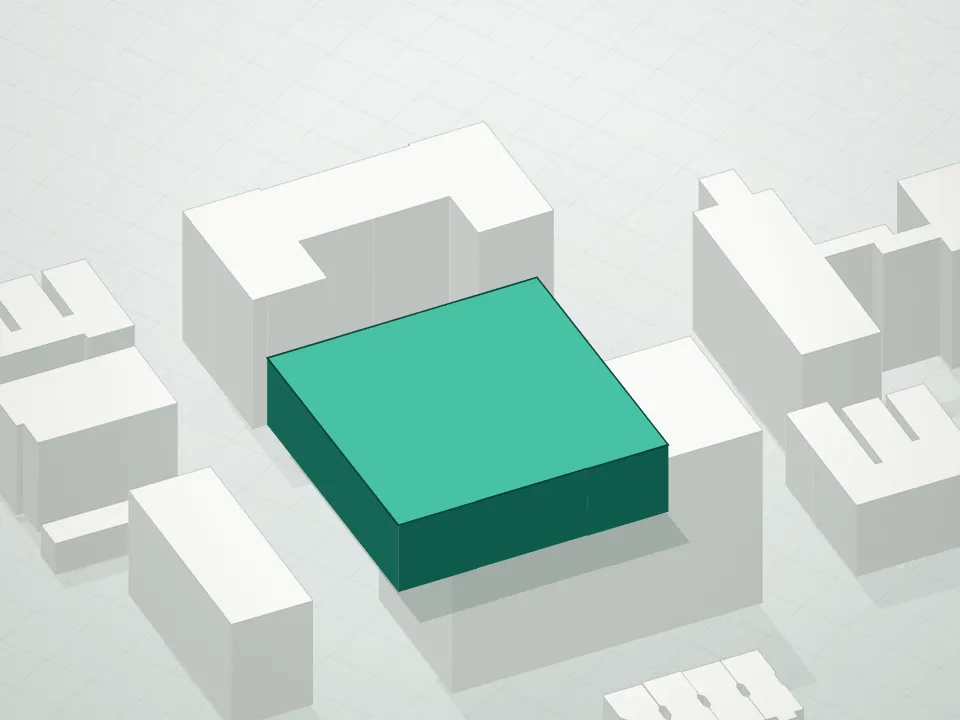 3D massing drawing of Brownstone Lane Condominium and neighboring buildings