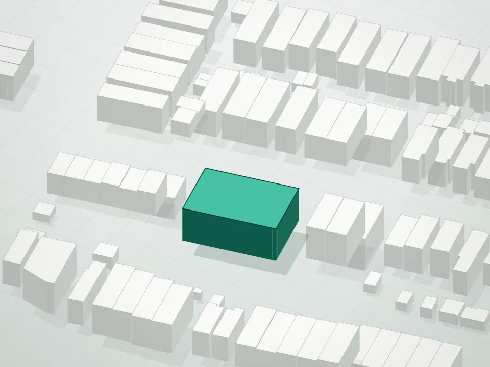 3D massing drawing of Elmwood Gardens Condominium and neighboring buildings