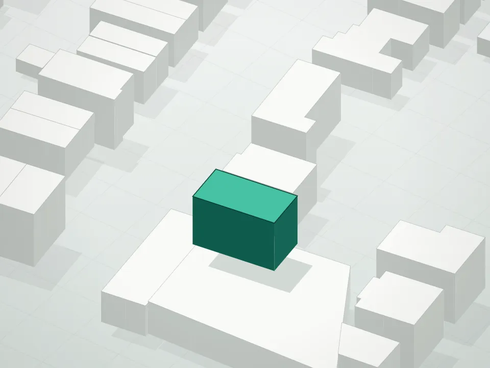 3D massing drawing of Freedom Square Condominium and neighboring buildings