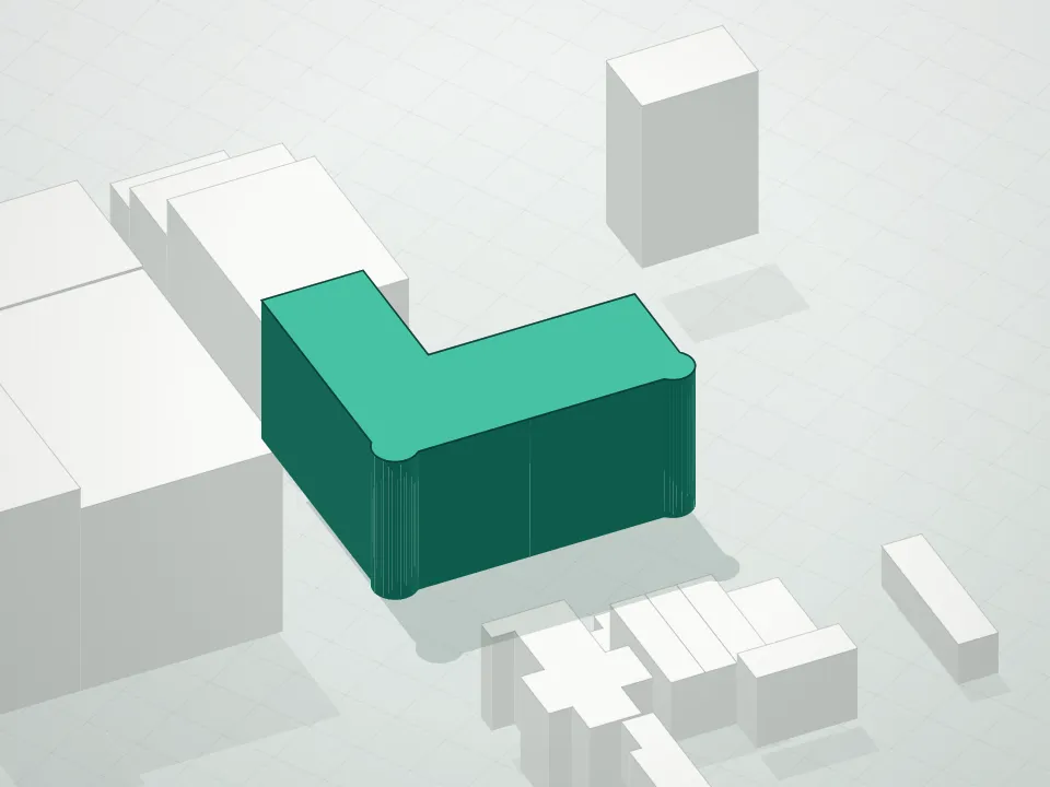 3D massing drawing of O'Neill Condo and neighboring buildings