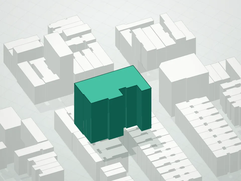 3D massing drawing of Gateway Condominium and neighboring buildings