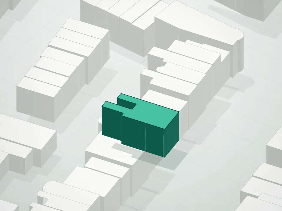 3D massing drawing of 308 Clinton Condominium and neighboring buildings