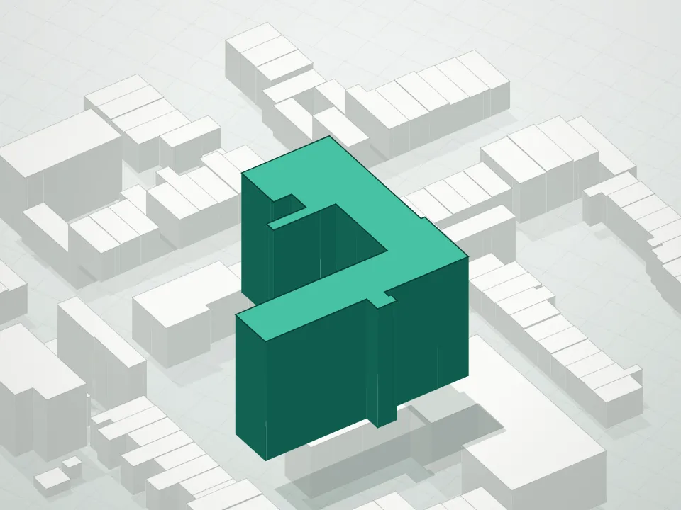 3D massing drawing of 505 Court Street Condominium and neighboring buildings
