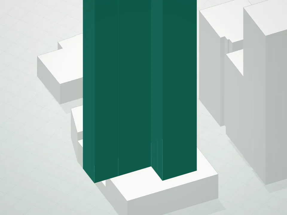 3D massing drawing of Orion Condominium and neighboring buildings