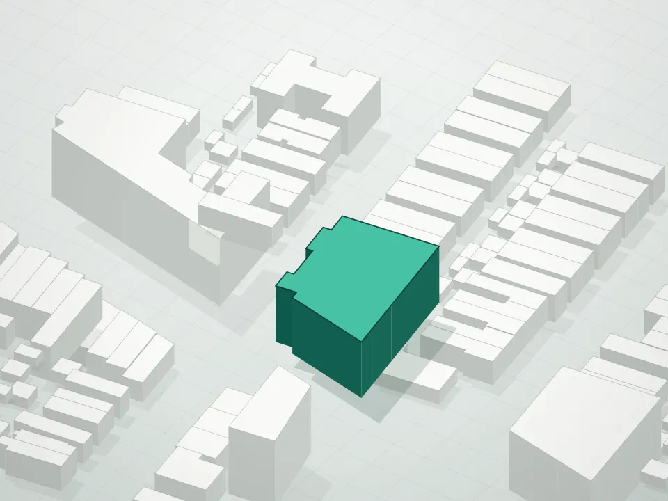 3D massing drawing of 355 Kings Highway Condominium and neighboring buildings