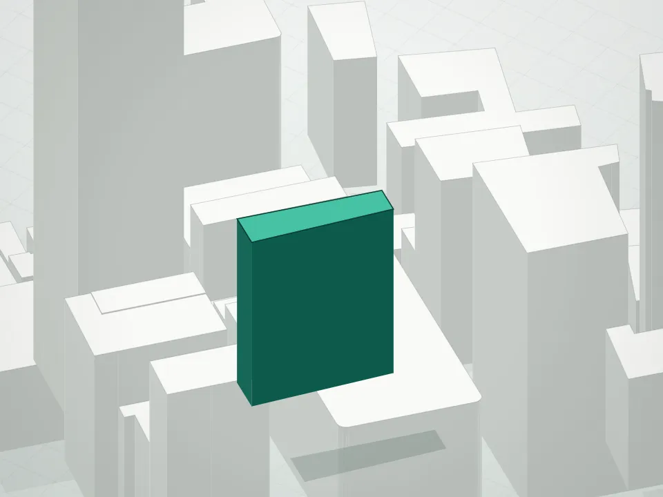 3D massing drawing of Fultonhaus Condominium and neighboring buildings