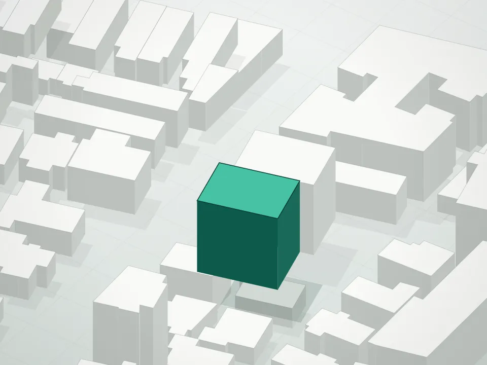 3D massing drawing of Olma Brighton Condominium and neighboring buildings