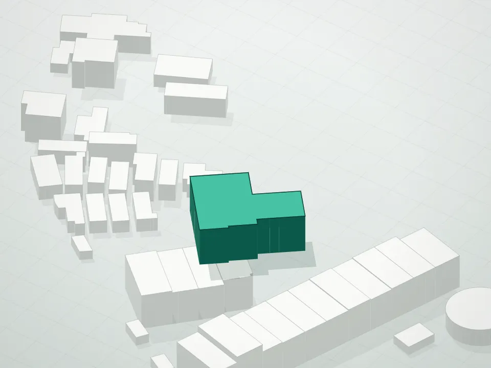 3D massing drawing of Pennyfield Estates Ii Condominium and neighboring buildings