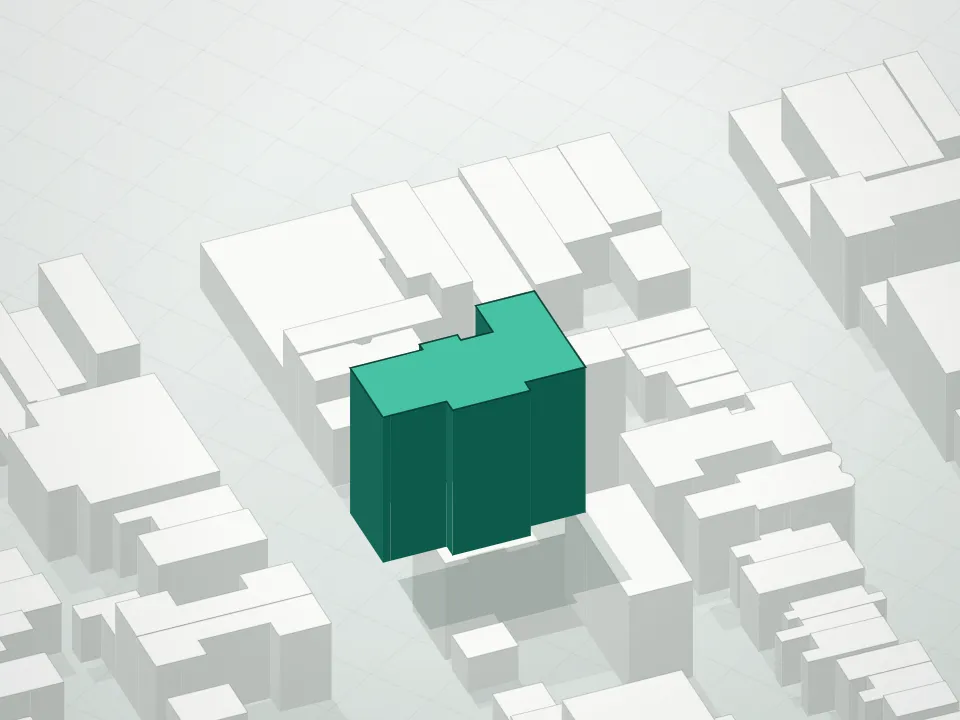 3D massing drawing of Carriage House On The Slope Condominium and neighboring buildings