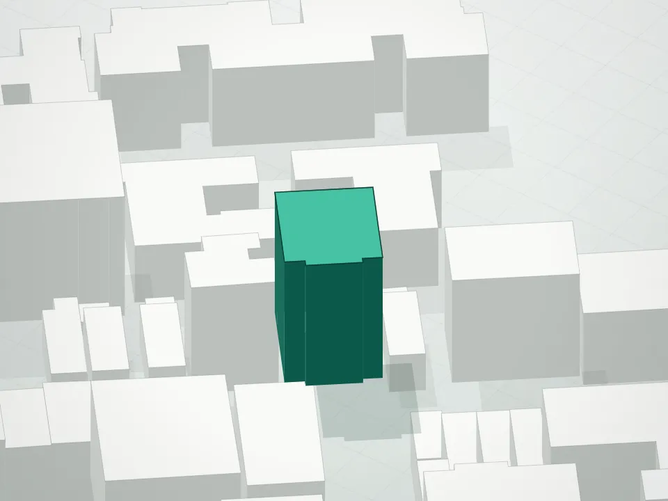 3D massing drawing of Cherry Tower and neighboring buildings
