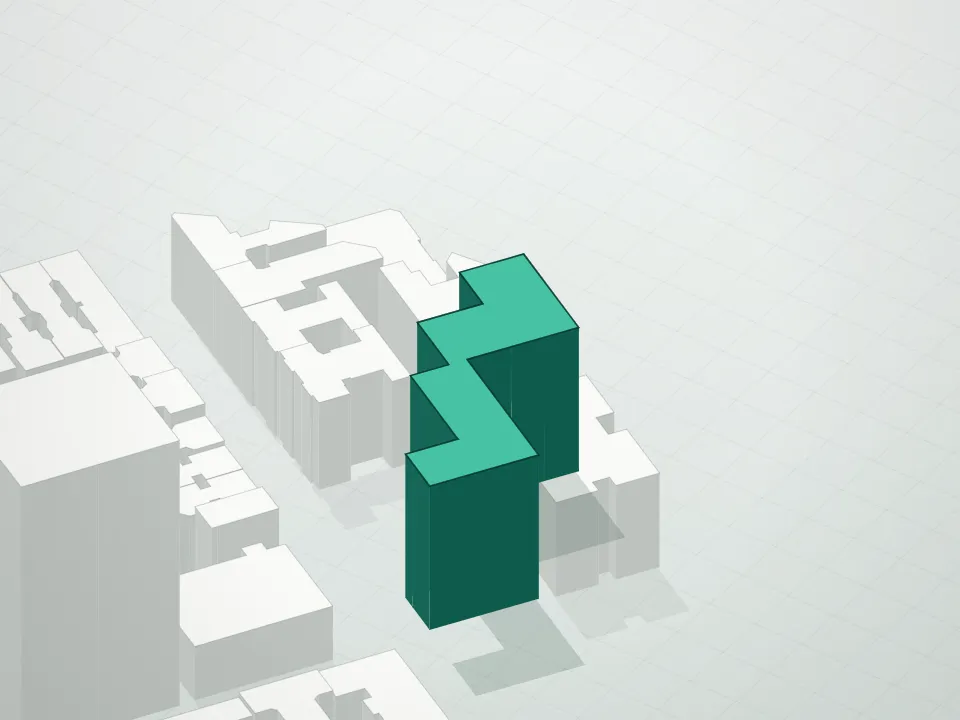 3D massing drawing of Cathedral Parkway Condominium and neighboring buildings