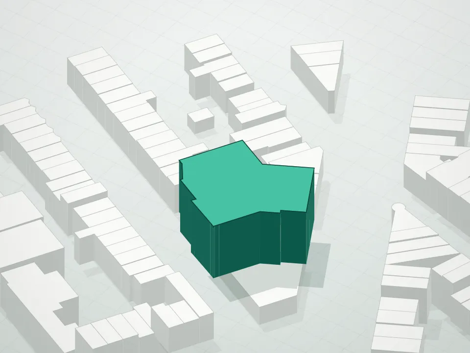 3D massing drawing of Park Place Condominium and neighboring buildings