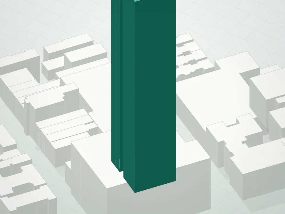 3D massing drawing of 310 West 52nd St. Condominium and neighboring buildings