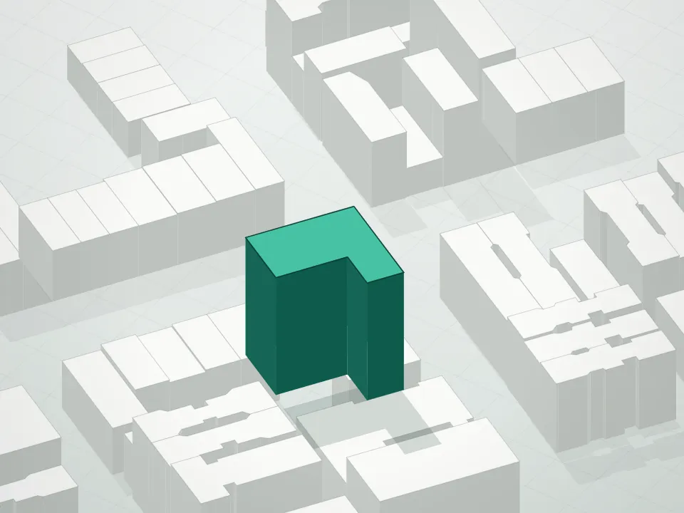 3D massing drawing of Crown Condominium and neighboring buildings