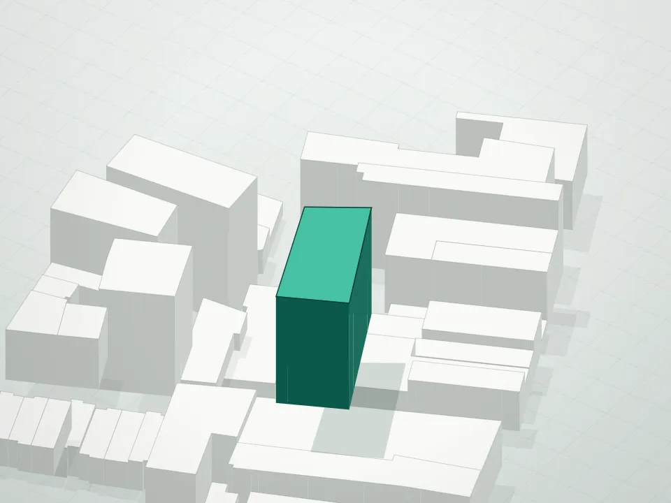3D massing drawing of Happy Buddha Tower Condominium and neighboring buildings