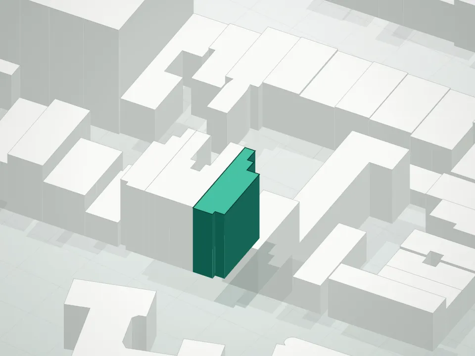 3D massing drawing of 227 Maujer Street Condo and neighboring buildings