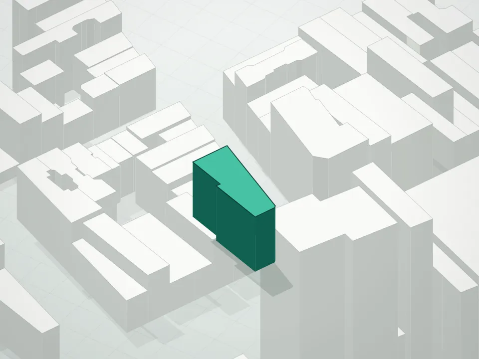 3D massing drawing of Urban Glass House and neighboring buildings
