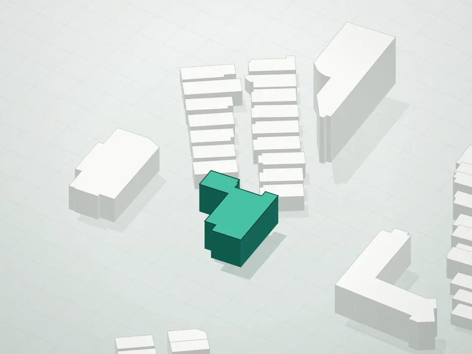 3D massing drawing of Marina Plaza Condominium and neighboring buildings