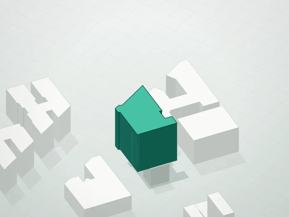 3D massing drawing of Dwyer Condominium and neighboring buildings